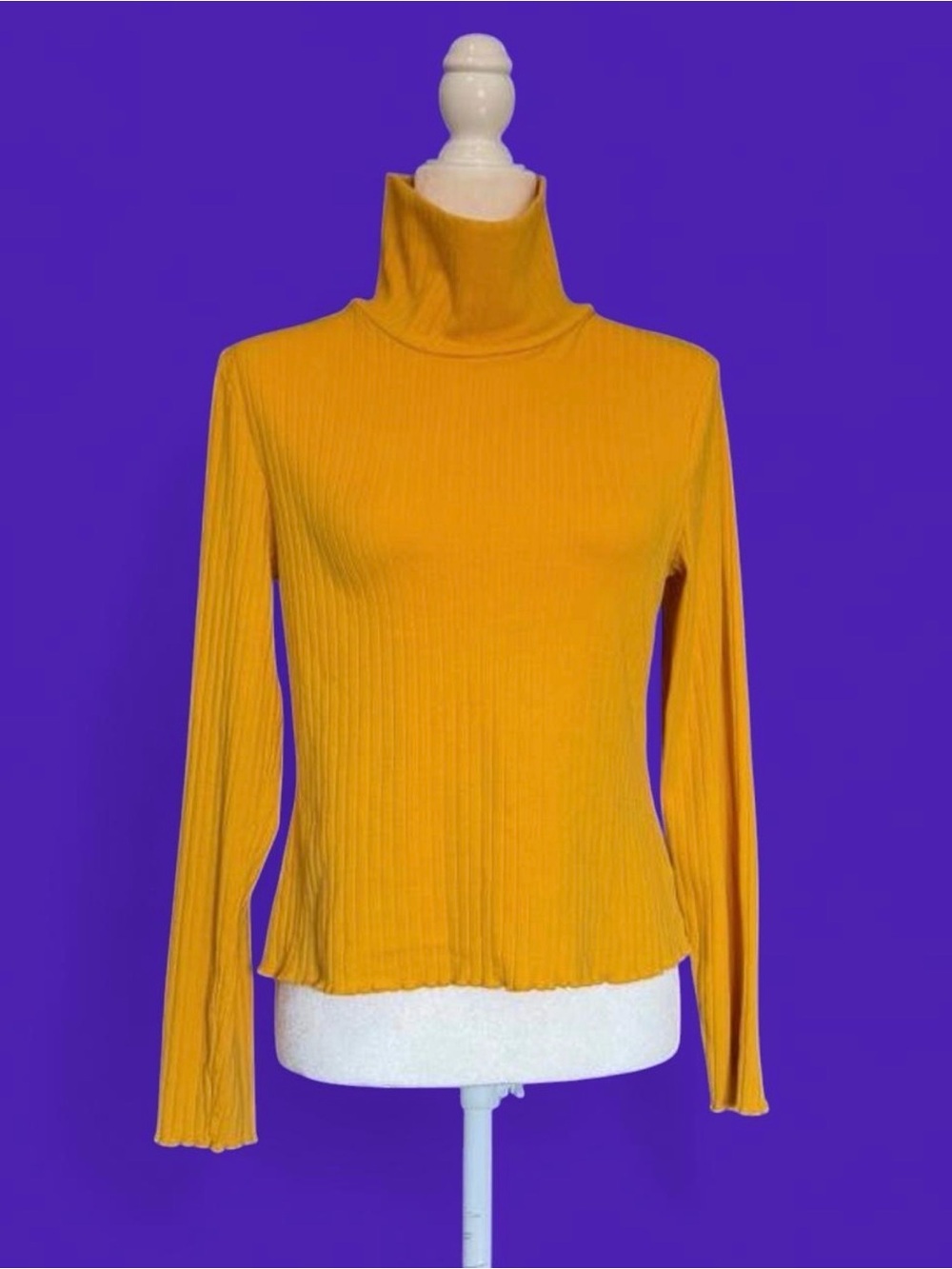Golden Dandelion Yellow Ribbed Turtleneck Sweater with Lettuce Hems, Size L